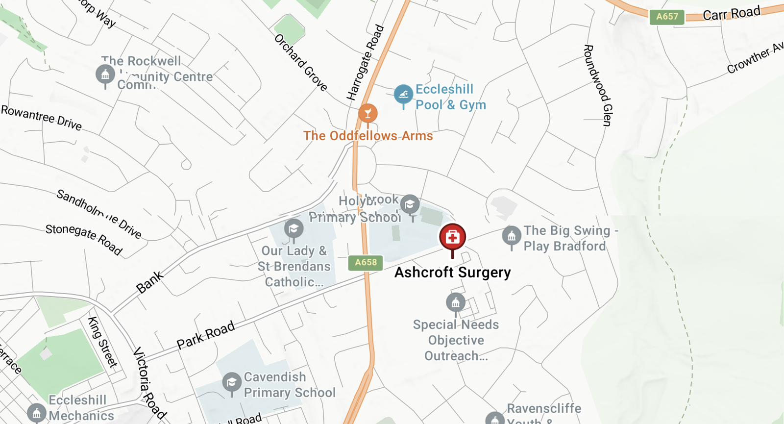 Map showing the location of Ashcroft Surgery on Newlands Way, Eccleshill, Bradford, BD10 0JE